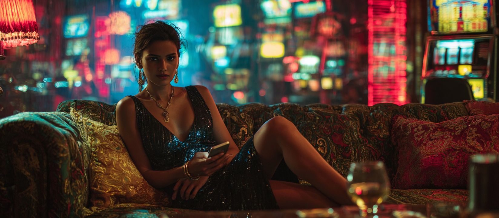 Download the 4999 BET App and Play Anywhere Relaxed man sitting on a sofa with neon slot machines in the background, enjoying the 4999 BET mobile casino app