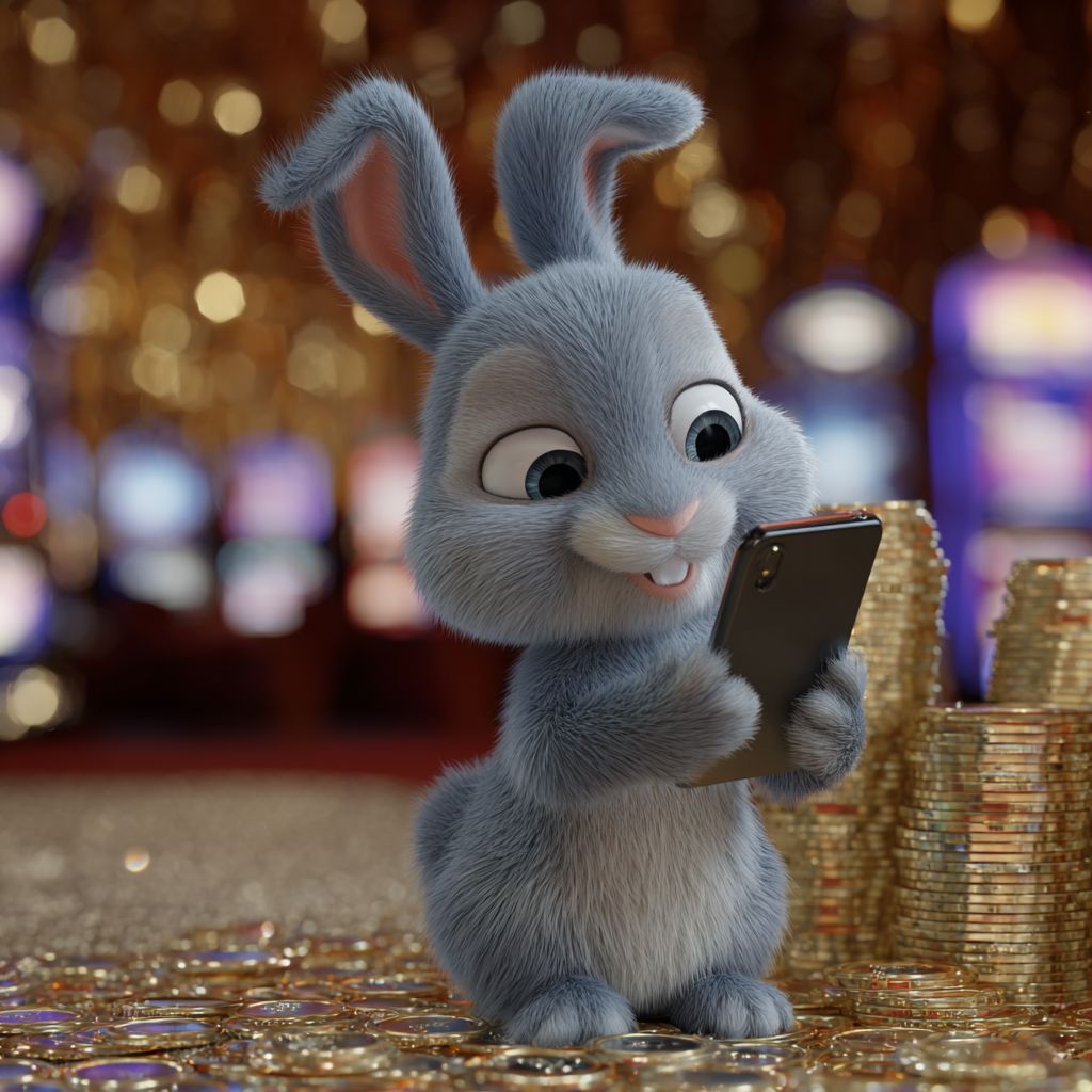 Play DK333 on mobile – download the casino app and win big today! Cute DK333 casino rabbit using mobile app surrounded by golden coins in a luxury casino hall