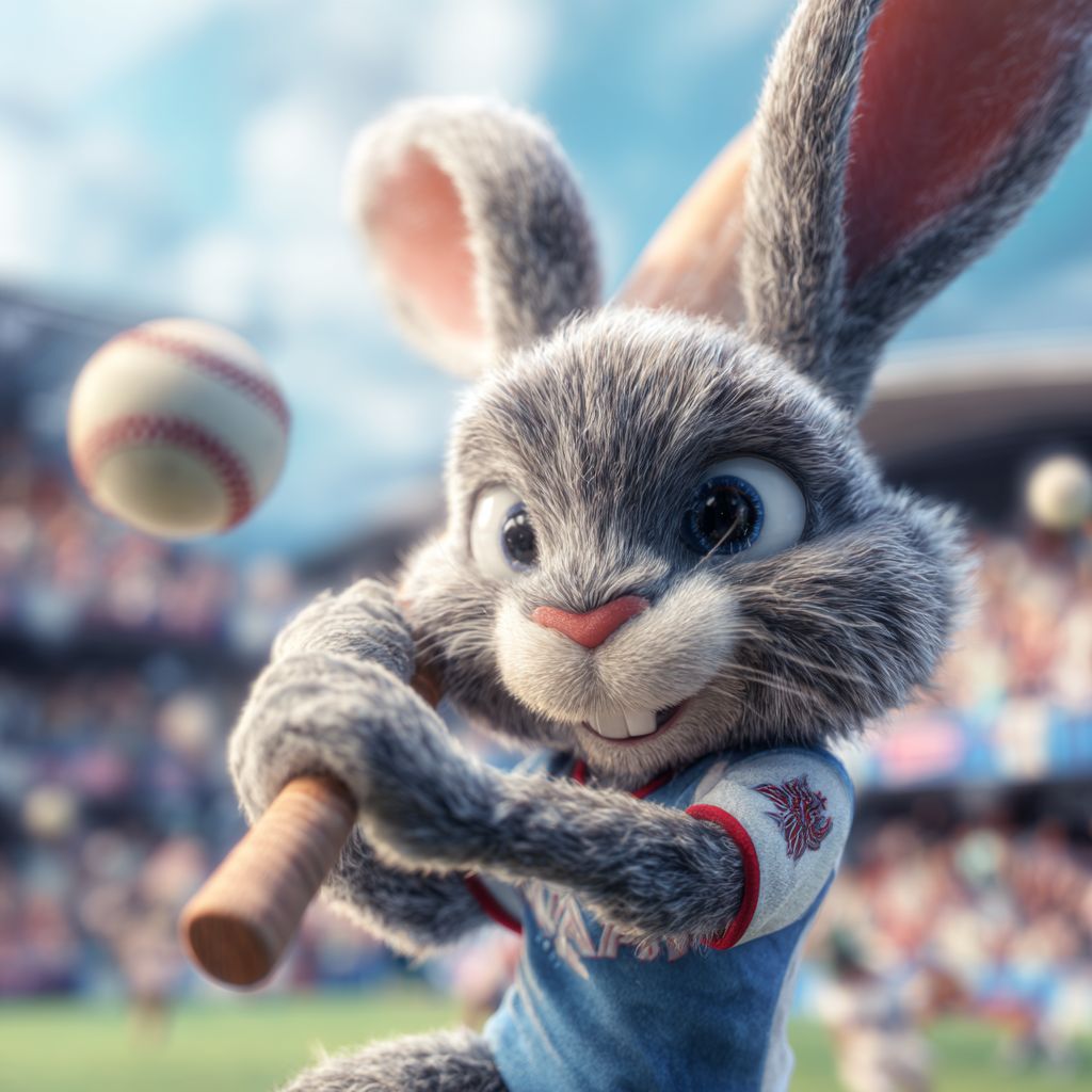 Bet on your favorite sports at DK333 – start winning now! Energetic DK333 rabbit mascot playing baseball representing excitement of sports betting