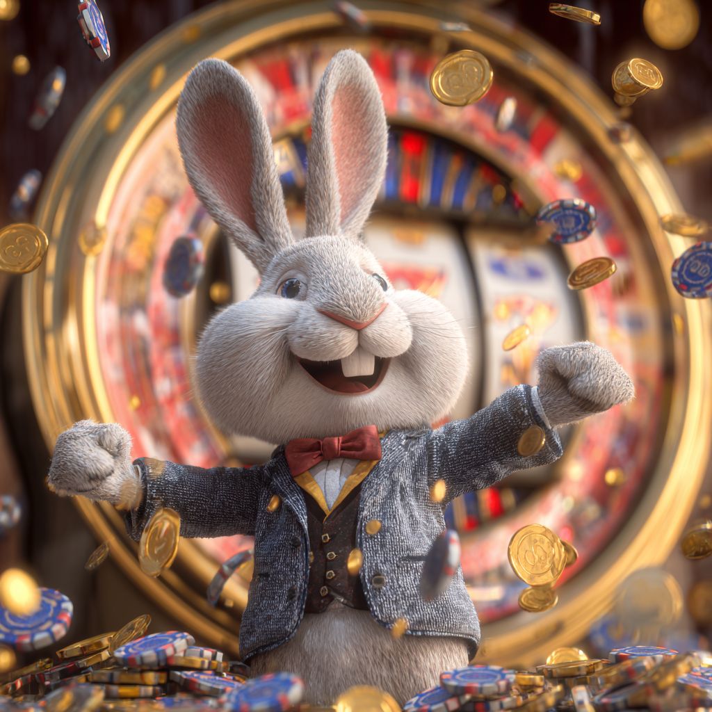 Join DK333 Casino and experience the thrill of real wins! Happy DK333 rabbit mascot in elegant suit celebrating jackpot win at slot machine with golden coins