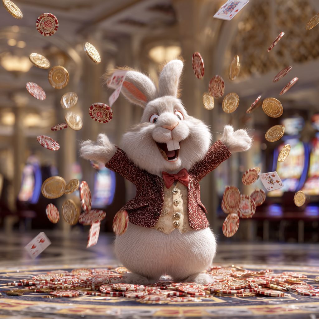 Discover exciting casino games at DK333 – play and win today! Joyful DK333 rabbit in red casino jacket surrounded by flying chips and cards in luxury hall