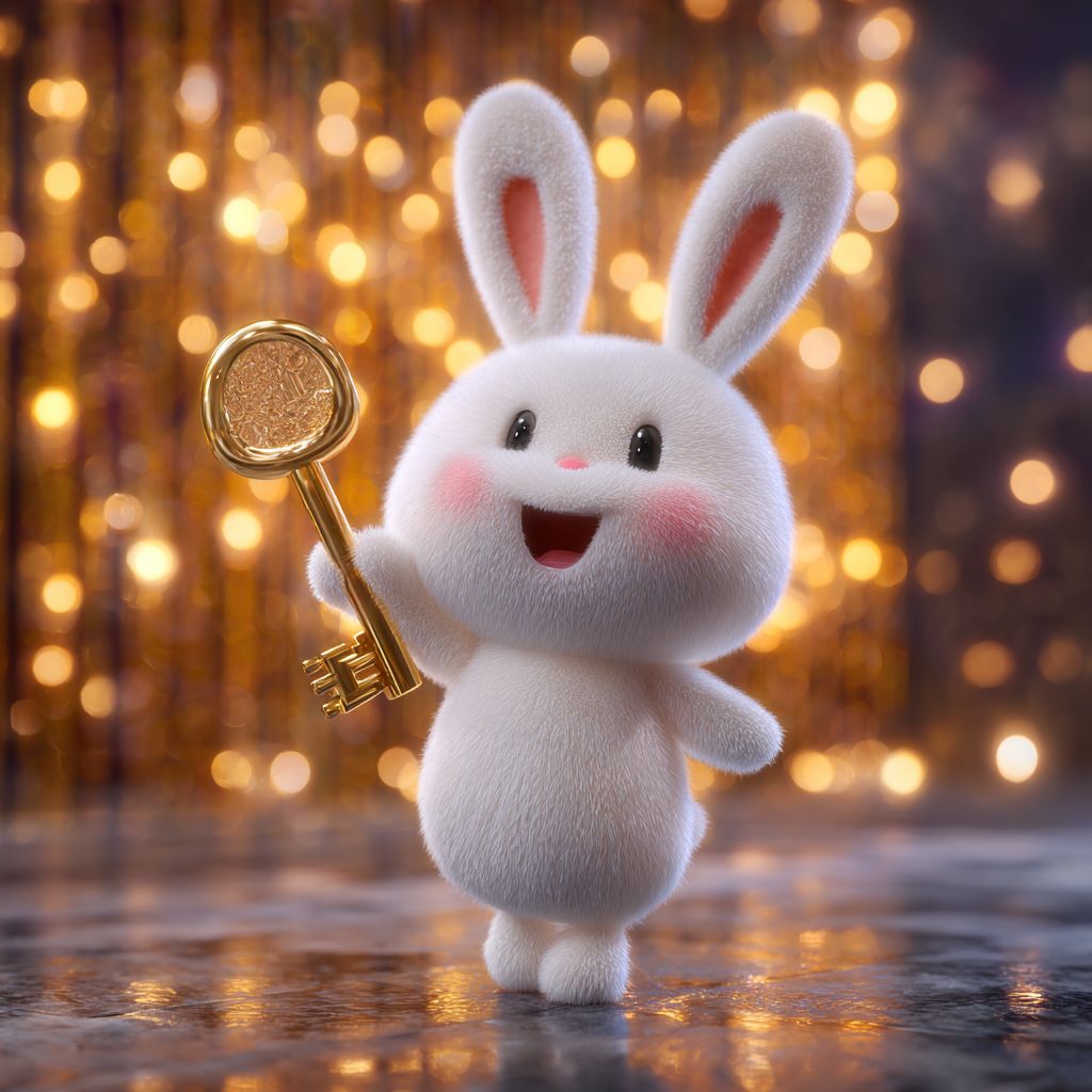 Login to DK333 and unlock your chance to win big! Adorable DK333 white rabbit mascot holding golden key symbolizing easy access to casino login