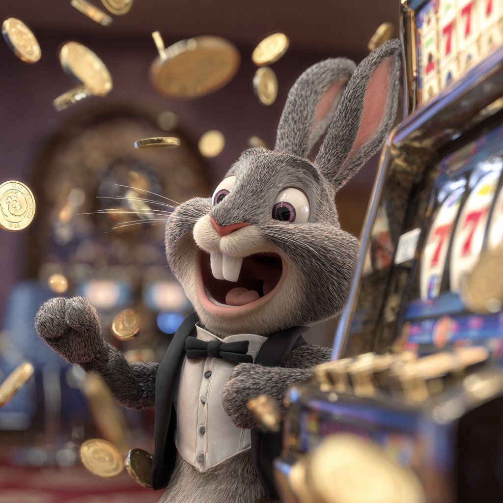 Spin the slots at DK333 – try your luck and win jackpots! Excited DK333 rabbit mascot in tuxedo winning on slot machine with raining golden coins