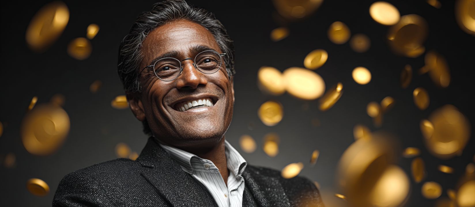 Happy DK333 casino winner smiling with raining golden coins symbolizing jackpot success