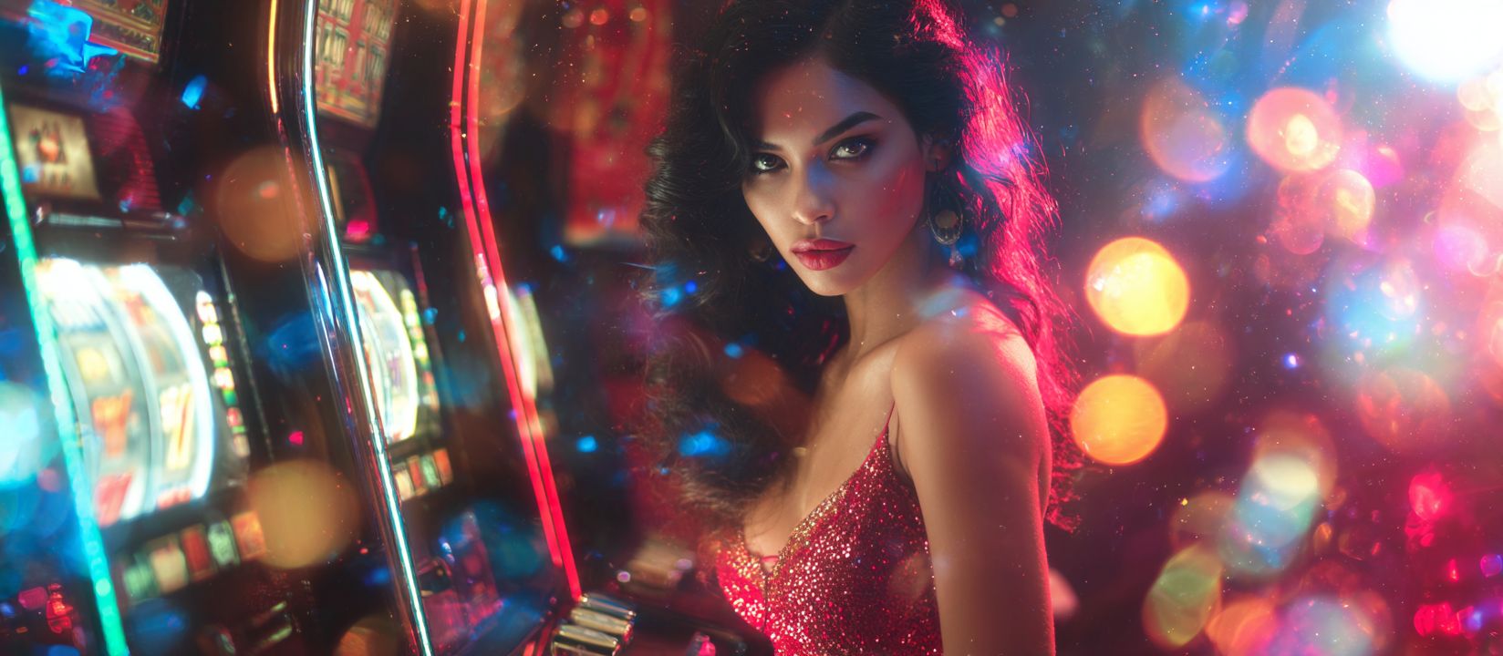 Spin the Best Online Slots at 4999 BET Elegant woman in traditional red dress sitting near slot machines, enjoying the charm of 4999 BET slots